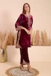 Buy_Surabhi Arya_Wine Velvet Damask Bloom Embroidery Notched V Encrusted Kurta With Pant _Online_at_Aza_Fashions