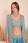 Surabhi Arya_Blue Bamboo Sequins, Beads Sweetheart Iris Bloom Embroidered Jacket Lehenga Set _Online_at_Aza_Fashions