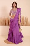 Surabhi Arya_Purple Lehenga Saree Crepe Orchid Bloom Embroidery Ruffled Pallu With Blouse _Online_at_Aza_Fashions