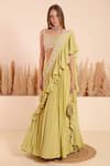 Buy_Surabhi Arya_Green Blouse Brocade Moti Flora Blossom Work Ruffled Pallu Lehenga Saree With _Online_at_Aza_Fashions