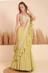 Shop_Surabhi Arya_Green Blouse Brocade Moti Flora Blossom Work Ruffled Pallu Lehenga Saree With _Online_at_Aza_Fashions