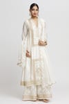 Buy_Gopi Vaid_White Kurta And Sharara - Tussar Embroidered Floral Band V Neck Asma Set _at_Aza_Fashions