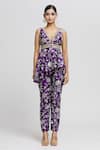 Gopi Vaid_Purple Tussar Woven Floral Adveta Pattern Peplum Top And Pant Set _at_Aza_Fashions