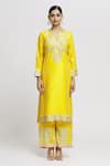 Gopi Vaid_Yellow Kurta And Palazzo - Tussar Embroidered Floral Amaya Set _Online_at_Aza_Fashions