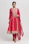 Buy_Gopi Vaid_Red Anarkali - Tussar Embroidered Floret Notched Aarohi Set _at_Aza_Fashions