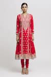 Buy_Gopi Vaid_Red Anarkali - Tussar Embroidered Floret Notched Aarohi Set _Online_at_Aza_Fashions