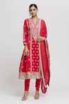 Shop_Gopi Vaid_Red Anarkali - Tussar Embroidered Floret Notched Aarohi Set _Online_at_Aza_Fashions