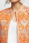 Shop_Gopi Vaid_Orange Tussar Embroidery Resham Mandarin Collar Saba Floral Blazer _Online_at_Aza_Fashions