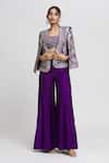 Buy_Gopi Vaid_Purple Tussar Woven Floral Jacket Open Sanya Flared Pant Set _at_Aza_Fashions