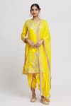 Buy_Gopi Vaid_Yellow Kurta Tussar Embroidery Thread V Neck Surbhi Work Set  _at_Aza_Fashions