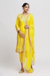 Gopi Vaid_Yellow Kurta Tussar Embroidery Thread V Neck Surbhi Work Set  _Online_at_Aza_Fashions