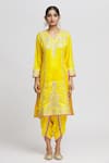 Gopi Vaid_Yellow Kurta Tussar Embroidery Thread V Neck Surbhi Work Set  _at_Aza_Fashions