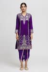 Gopi Vaid_Purple Kurta Tussar Embroidery Thread V Surbhi Work Dhoti Pant Set _Online_at_Aza_Fashions