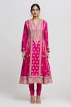 Gopi Vaid_Pink Anarkali Tussar Embroidery Thread Notched Aarohi Set  _Online_at_Aza_Fashions