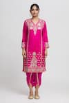 Gopi Vaid_Pink Kurta Tussar Embroidery Thread V Surbhi Work Dhoti Pant Set _Online_at_Aza_Fashions
