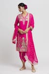 Buy_Gopi Vaid_Pink Kurta Tussar Embroidery Thread V Surbhi Work Dhoti Pant Set _Online_at_Aza_Fashions