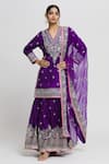 Buy_Gopi Vaid_Purple Kurta Cotton Silk Embroidery Thread V Flower Sharara Set  _at_Aza_Fashions