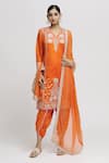 Buy_Gopi Vaid_Orange Kurta- Tussar Embroidered Floral V Neck Surbhi Dhoti Pant Set  _at_Aza_Fashions