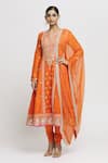 Buy_Gopi Vaid_Orange Anarkali - Tussar Embroidered Flower Notched Aarohi Set  _at_Aza_Fashions