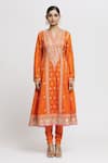 Gopi Vaid_Orange Anarkali - Tussar Embroidered Flower Notched Aarohi Set  _Online_at_Aza_Fashions