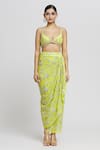 Buy_Gopi Vaid_Green Blouse - Tussar Woven Floral Pattern Draped Skirt Set With Cape _Online_at_Aza_Fashions