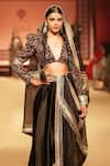 Nitya Bajaj_Black Modal Silk Hand Block Jacket And Cowl Pant Set With Dupatta  _Online_at_Aza_Fashions