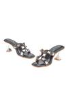 Tic Tac Toe Footwear_Black Metallic Pyramid Stud Embellished Chip Textured Heels _at_Aza_Fashions