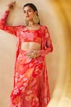 Shop_Ankita Dharman_Red Blouse And Skirt Butter Crepe Floral Jacket Blossom Pattern Draped Set _at_Aza_Fashions