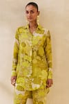 Buy_Ankita Dharman_Yellow Natural Crepe Floral Shirt Collar Blossom Pattern High-low _Online_at_Aza_Fashions