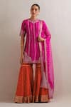 Buy_Priyal Prakash_Magenta Organza, Chanderi, Stripe Embroidered Kurta Gharara Set _at_Aza_Fashions