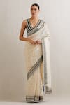 Buy_PRIYAL PRAKASH_Ivory Saree Silk Organza Embroidery Aari Plunge V Neck Colorblock With Blouse _at_Aza_Fashions