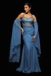 Buy_Jade By Ashima_Blue Georgette Crystals Halter Neck Luminara Extravagant Sleeve Draped Gown _at_Aza_Fashions