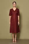 Buy_Naintara Bajaj_Maroon Slub Cotton Plain V Neck Solid Side String Tie Up Midi Dress _Online_at_Aza_Fashions