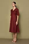 Shop_Naintara Bajaj_Maroon Slub Cotton Plain V Neck Solid Side String Tie Up Midi Dress _Online_at_Aza_Fashions