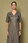 Naintara Bajaj_Grey Slub Cotton Plain V Neck Solid Fit And Flare Midi Dress _Online_at_Aza_Fashions