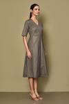 Naintara Bajaj_Grey Slub Cotton Plain V Neck Solid Fit And Flare Midi Dress _at_Aza_Fashions