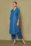 Buy_Samyukta Singhania_Blue Cotton Solid Stand Collar V Curved Hem Kurta With Pant _at_Aza_Fashions