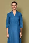 Buy_Samyukta Singhania_Blue Cotton Solid Stand Collar V Curved Hem Kurta With Pant _Online_at_Aza_Fashions