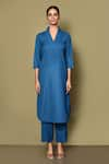 Shop_Samyukta Singhania_Blue Cotton Solid Stand Collar V Curved Hem Kurta With Pant _Online_at_Aza_Fashions