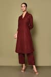 Buy_Samyukta Singhania_Maroon Cotton Solid Stand Collar V Kurta With Pant _at_Aza_Fashions