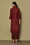 Shop_Samyukta Singhania_Maroon Cotton Solid Stand Collar V Kurta With Pant _at_Aza_Fashions