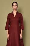 Buy_Samyukta Singhania_Maroon Cotton Solid Stand Collar V Kurta With Pant _Online_at_Aza_Fashions