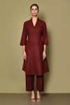 Shop_Samyukta Singhania_Maroon Cotton Solid Stand Collar V Kurta With Pant _Online_at_Aza_Fashions