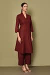 Samyukta Singhania_Maroon Cotton Solid Stand Collar V Kurta With Pant _at_Aza_Fashions