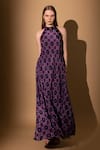 SHIMONA_Purple Crepe Printed Abstract Halter Neck Gown  _at_Aza_Fashions