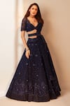 Buy_Aariyana Couture_Blue Butterfly Net Embroidered Floral Plunge V Neck Bridal Lehenga Set _at_Aza_Fashions