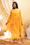 Buy_The White Tree Studio_Yellow Overlay- Cotton Silk Applique Floral Kurta Round And Set _at_Aza_Fashions