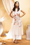 Buy_The White Tree Studio_Off White Jacket- Cotton Silk Embroidered Bird Round Kurta And Pant Set _at_Aza_Fashions