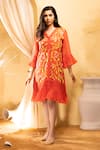 The White Tree Studio_Orange Chanderi, Cotton Embroidery V-neck 3d Floral Dress _Online_at_Aza_Fashions
