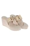 Tic Tac Toe Footwear_Beige Embellished Kolhapuri Wedges _at_Aza_Fashions